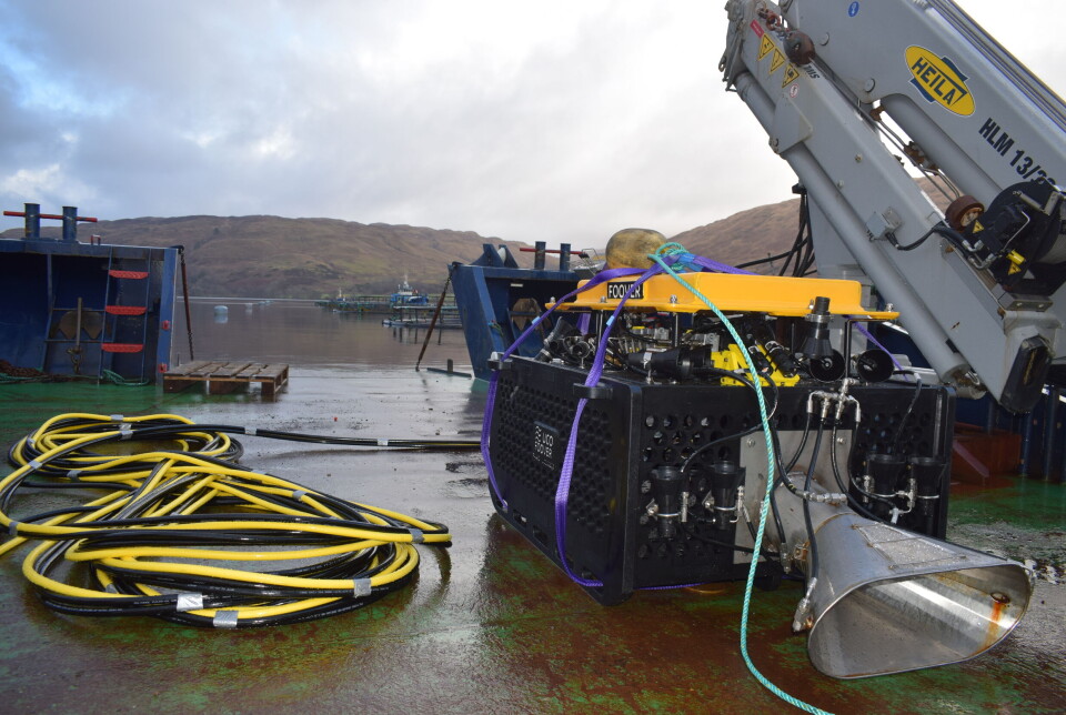 A UCO Foover on the deck of a workboat. Mowi wants the ROV adapted so that it can capture and euthanise moribund fish as well as collecting morts.