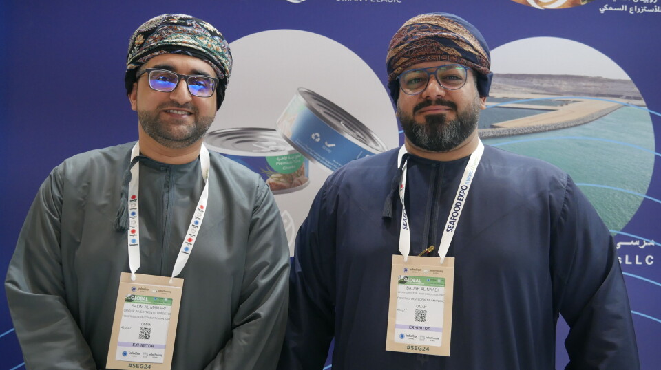 FDO group investment director Salim Al Mamari, left, and group director of business development Badar Said Al Naabi at the Oman fisheries stand at Seafood Expo Global in Barcelona earlier this year. “We aim to enhance Oman’s standing in international fisheries markets while unlocking the untapped potential for aquaculture development,' said Al Naabi.