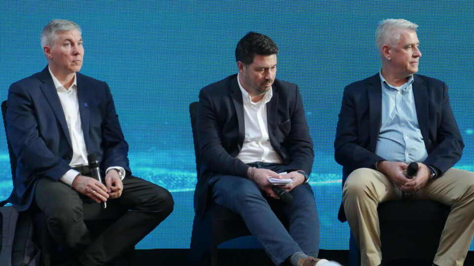 From left: Simon Wadsworth (BioMar), Chris Haacke (MiAlgae), and Lukas Manomaitis (US Soy Export Council) taking part in a panel discussion about neovel aquafeed ingredients at St Andrews on Wednesday.