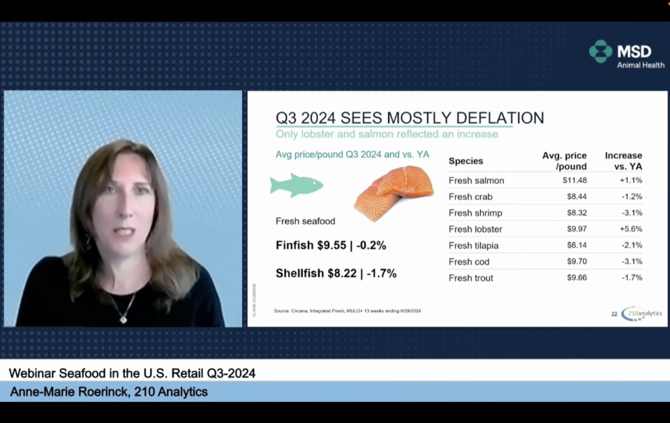 Anne-Marie Roerinck speaking during a webinar. Fresh salmon and lobster were the only two of seven popular fresh seafoods to have risen in price in Q3, but demand for the fish has largely been maintained.
