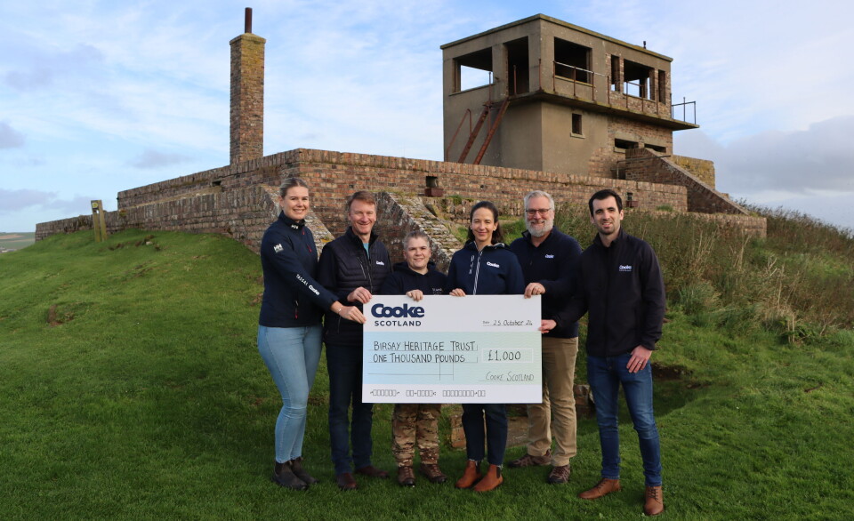 From left: Gemma Williams from Tassal, an Australian fish farmer onwed by Cooke ; Joel Richardson; Lindsay Bailey, a guide at HMS Tern; Claire Ryan and Michael Szemerda from Cooke Inc, Canada; and Murray Spooner, Cooke Scotland.