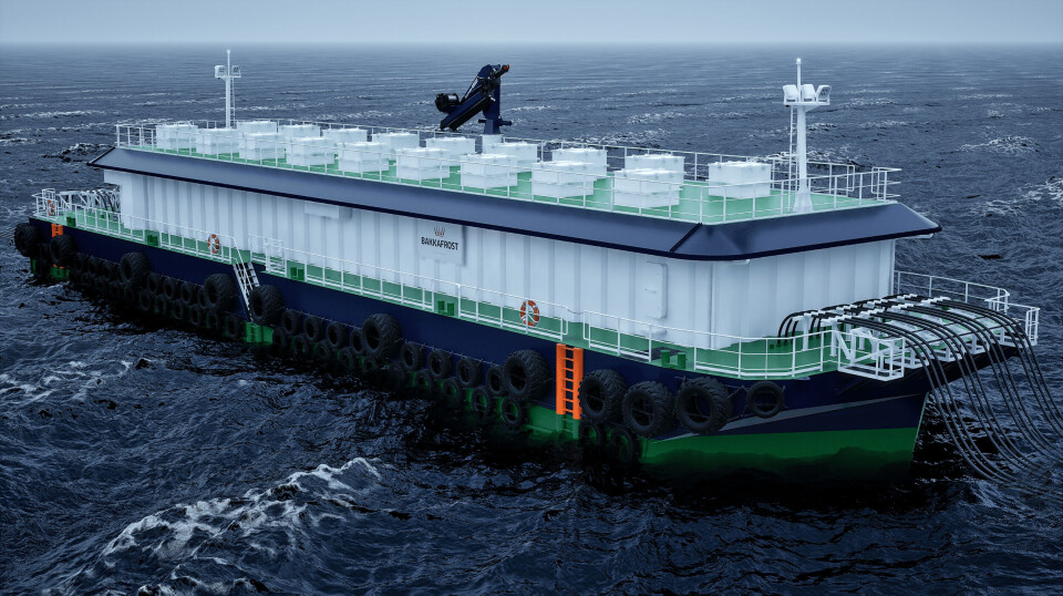 An illustration of the feed barge to be constructed for Faroes and Scotland salmon farmer Bakkafrost. It will be the world's biggest in terms of capacity and feed lines.