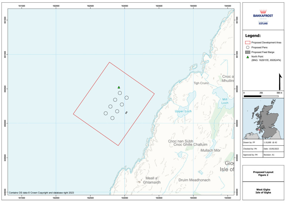 The location and proposed layout of Bakkafrost Scotland's West Gigha salmon farm.