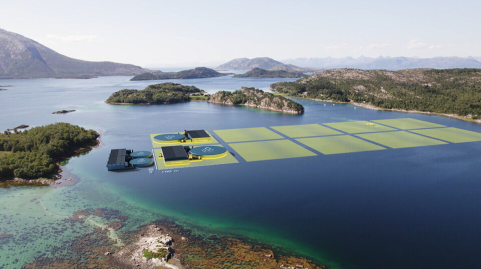 Potential assembly of Multigen Akva's closed facility, here with a post-smolt module and two main modules. In a Multigen module, the production capacity will be more than double that of an average conventional facility with 10 cages.