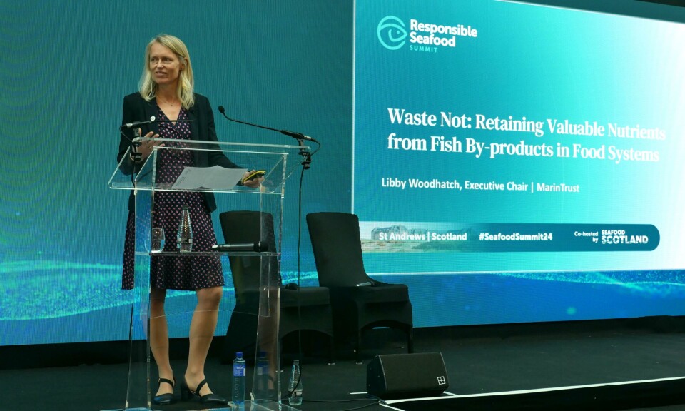 MarinTrust executive chair Libby Woodhatch speaks about the value of fish byproducts at the Global Seafood Alliance/Seafood Scotland Responsible Seafood Summit in St Andrews in October.