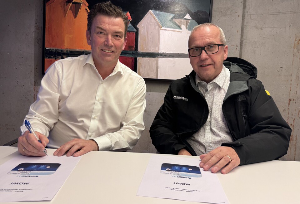 From left: Arnt Mjøen, Mowi's group IT manager for its Feed and Farming divisions, and Tim Stone, vice president and general manager of aquaculture intelligence at Innovasea.