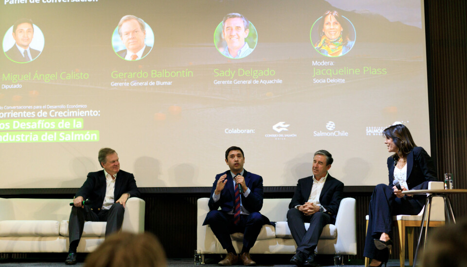 From left: Blumar's Gerardo Balbontín; Deputy Miguel Ángel Calisto; AquaChile boss Sady Delgado; and moderator Jacqueline Plass.