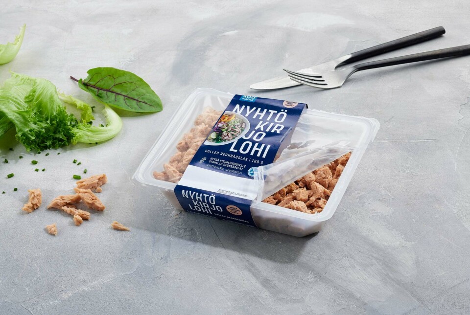 A pack of Nyhtökirjolohi, or 'pulled rainbow trout', made from upcycled trout sidestreams. Finnish store chain S Group sold 36,000 packs of the product in August.