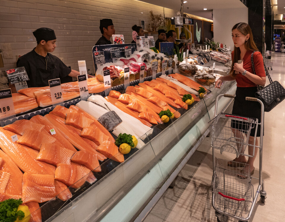 Norwegian salmon on display in a supermarket in Thailand.