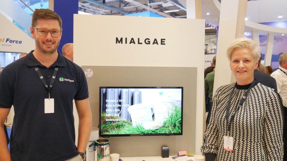 MiAlgae chief executive Douglas Martin and operations director Johann Partridge at their company's 'pod' within the Scottish pavilion at Aqua Nor in 2023. MiAlgae, which makes an omega-3 feed ingredient by feeding microalgae on nutrient-rich whisky distillation waste water, was one of around a dozen companies and organisations to benefit from the pavilion.