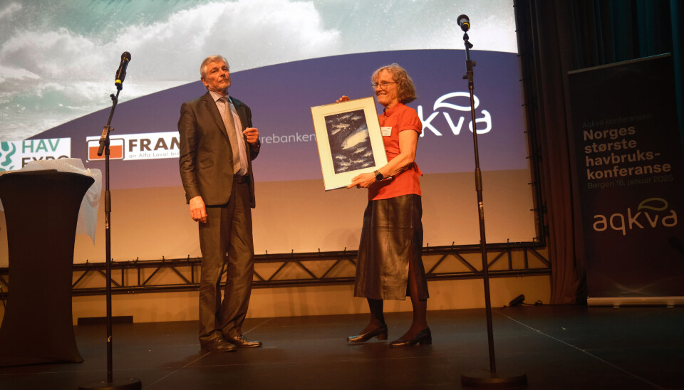 Hans-Inge Algrøy, an aquaculture executive for trade body Seafood Norway, presents the award to a moved Brit Tørud.