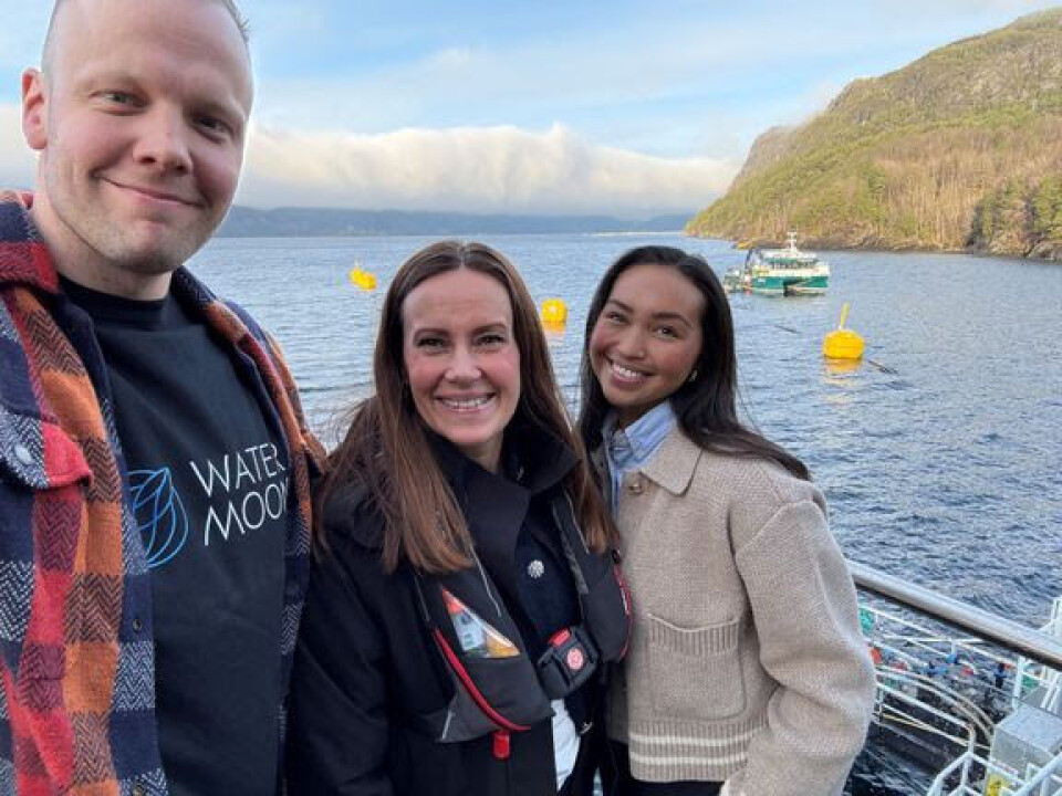 From left: Sondre Eide, Norway fisheries minister Marianne Sivertsen Næss, and Maria Danielsen, engineering discipline lead at Eide's subsidiary Watermoon AS.