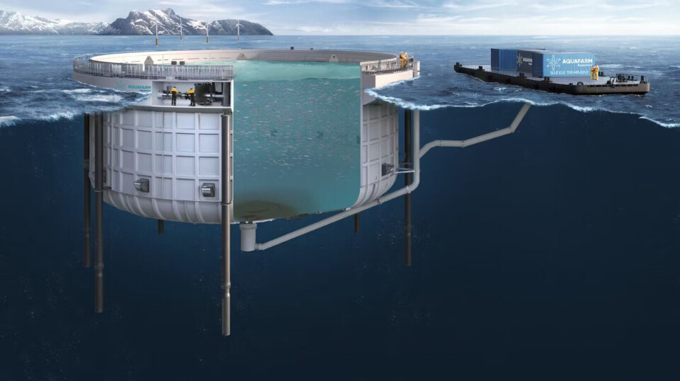 A cutaway illustration of a floating closed containment tank by Aquafarm Equipment, which is part of a trade delegation to Oban and Fort William. The tank has an interior diameter of 40 metres, circumference of 126m, and depth of 22m.