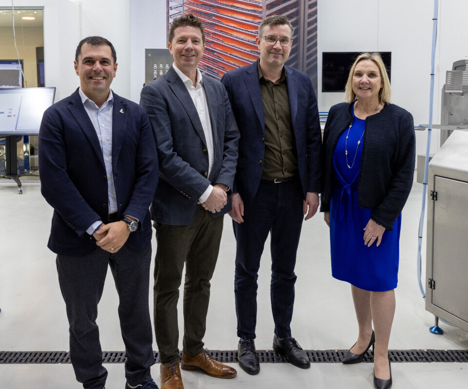 From left: Diego Lages, JBT Marel director sales and marketing of fish; Nathan Pyne-Carter, Ace Aquatec CEO; Skuli Sigurdsson, JBT Marel vice president of fish; Tara McGregor-Woodhams, Ace Aquatec chief sales and marketing officer. They are pictured at Marel's SalmonShowHow exhibition in Copenhagen, where the companies announced their collaboration.