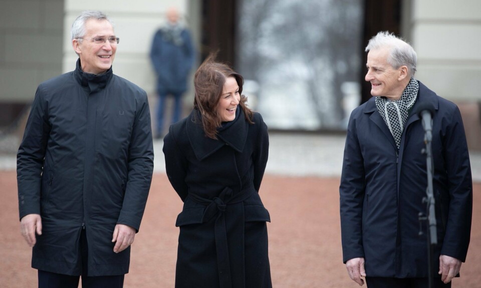 From left: Norwegian prime minister Jonas Gahr Støre, fisheries minister Marianne Sivertsen Naess, and new finance minister Jens Stoltenberg.