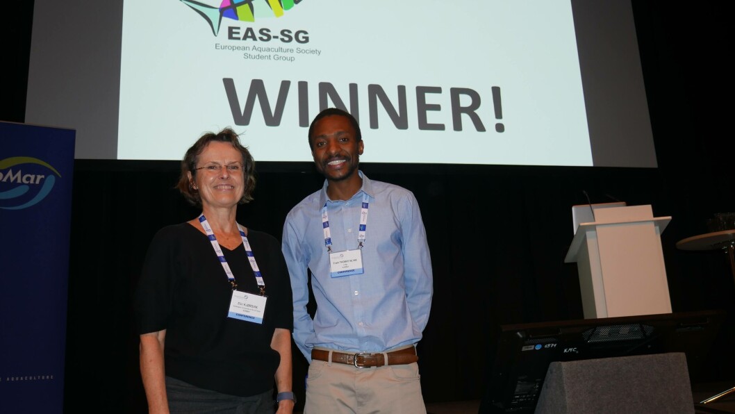 Elin Kjørsvik, left, and Frank Mlingi at Aquaculture Europe 2019 today. Photo: FFE. Elin Kjørsvik, left, and Frank Mlingi at Aquaculture Europe 2019 today. Photo: FFE.