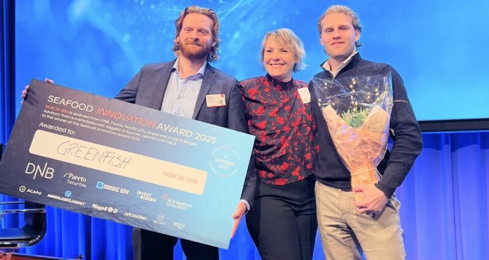 Winners Pétur Már Bernhöft and Sveinn Sigurdur Jóhannesson from GreenFish, together with Trude Jansen Hagland from NCE Seafood Innovation.