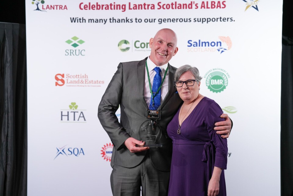 Aquaculture Learner of the Year Derek Dunning, who works for steelhead (rainbow trout) producer Kames Fish Farm. He is pictured with Fiona McCauley, quality and assurance manager for trade body Salmon Scotland.
