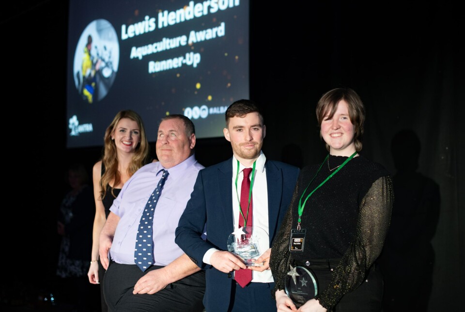 From left: ALBAs co-hosts Dr Jenna Ross, and Mike Duxbury with Aquaculture Learner of the Year runners-up Lewis Henderson and Mary Collins, who both work for Bakkafrost Scotland.