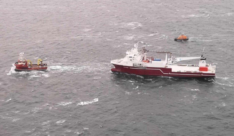 The 80-metre Rotsund being towed by the aquaculture support vessel Gina Mary. The Gina Mary was designed by Macduff Ship Design and built by Havyard, Norway. Its duties include towing feed barges to fish farms, and it is equipped with a 20-tonne towing winch and a 1,200hp propulsion system.