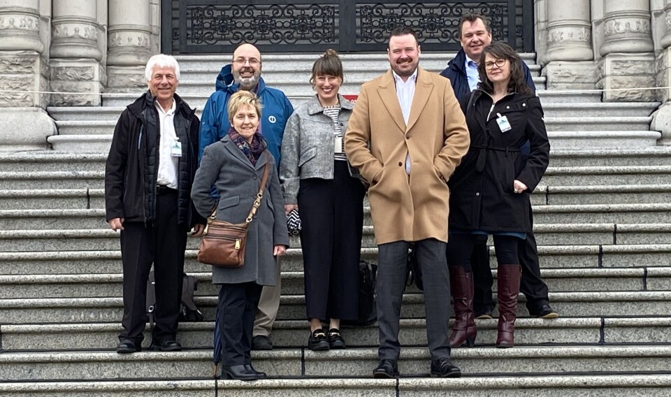 BC Salmon Farmers Association directors outside the Legislative Assembly of British Columbia. From left: Brad Hicks (partner, Taplow Feeds Ltd.), Tim Rundle (managing director, Creative Salmon Co. Ltd.), Diane Morrison (MD, Mowi Canada West), Stephanie King (CEO and founder, InWater Technologies), David Kiemele (MD, Cermaq Canada), Brian Kingzett (executive director, BC Salmon Farmers Association), and Jennifer Woodland (MD, Grieg Seafood BC and BCSFA Board Chair).
