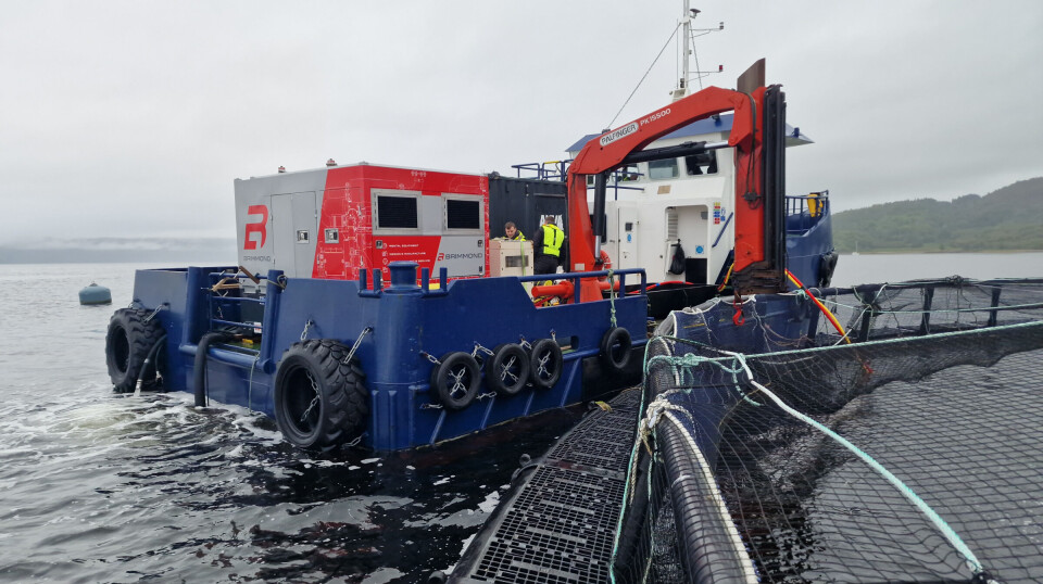 Brimmond's NetJet pump on board a workboat being used for net cleaning at a fish farm in Loch Fyne.