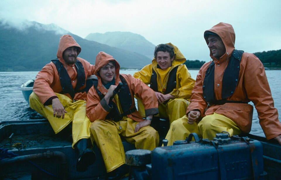 Salmon farmers at Loch Leven in 1978, three years after the site began operating with two wooden pens and 5,000 fish.