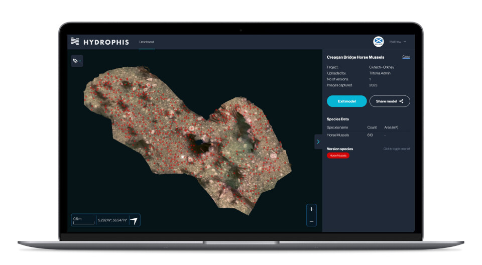 A surveyed area with AI identification of selected species, in this case horse
mussels.