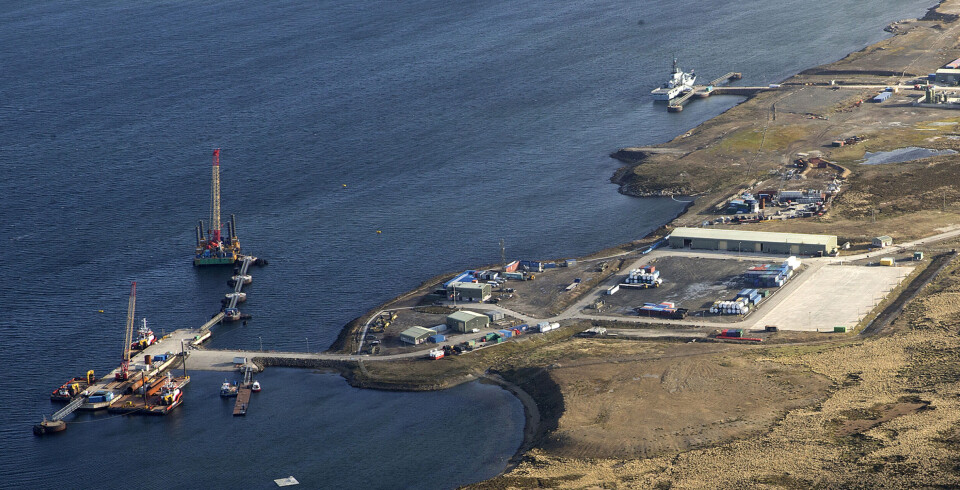 Aerial photo of Mare Harbour, East Falkland, where Unity Marine plans to build one of two RAS smolt units. The harbour, which is used to supply the Mount Pleasant military base, has a roll on, roll off (RO-RO) facility that allows vessels to berth and was upgraded by VolkerWessels UK in 2018.
