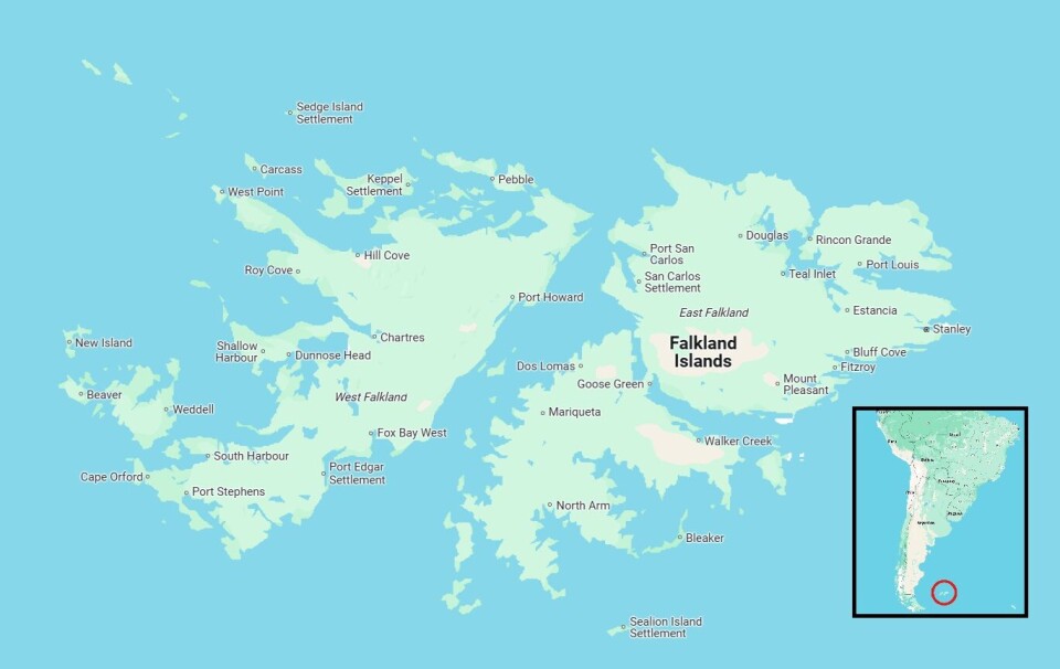 A map of the Falkland Islands, and inset, the location of the islands, circled in red, in relation to South America.