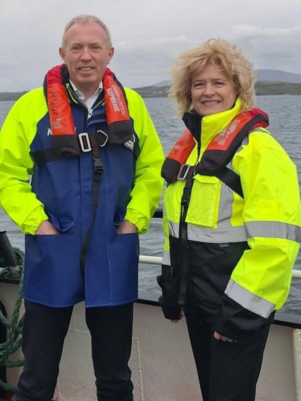 Ireland's fisheries and marine minister Timmy Dooley with Mowi Ireland operations director farming Catherine McManus during a visit to a Mowi farm in Inver Bay earlier this year.
