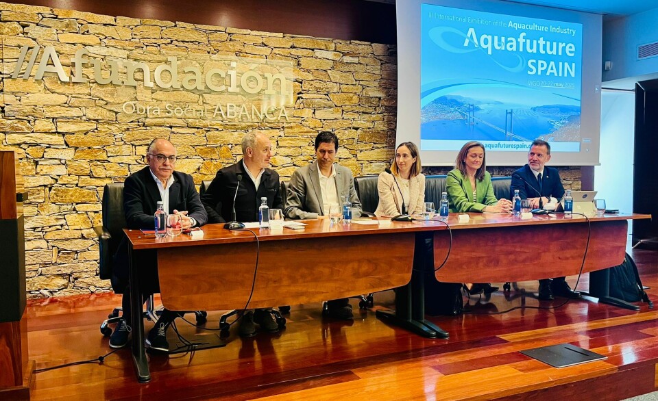 From left: Arsenio Prieto, director of the IFEVI centre; David Regades, of the Vigo Free Trade Zone; Juan Lijó, director of Aquafuture Spain; Patricia García, director general of fisheries and aquaculture for the Galician regional government; Luisa Sanchez, vice president of the Pontevedra Provincial Council; and Javier Fraga, director of Abanca Mar, at the official launch of this year's Aquafuture Spain event.