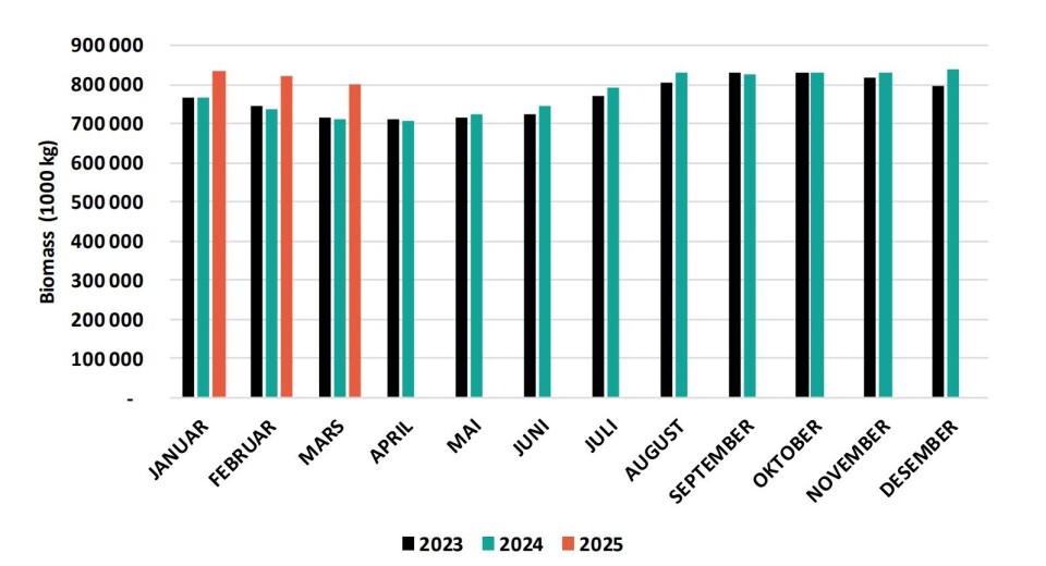 Biomass of salmon in Norwegian fish farms at the end of the month in 2023 through to the end of March 2025.