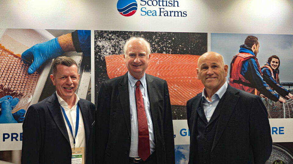 From left: Scottish Sea Farms magaing director Jim Gallagher, UK food security and rural affairs minister Daniel Zeichner, and Salmon Scotland chair Atholl Duncan at the SSF stand.