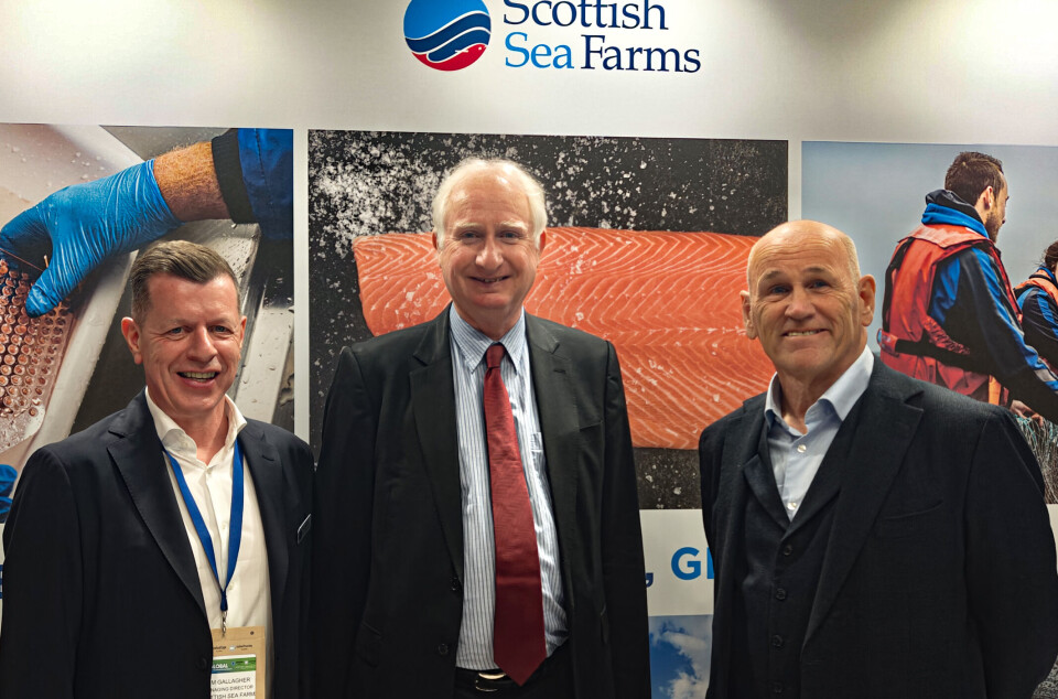From left: Scottish Sea Farms magaing director Jim Gallagher, UK food security and rural affairs minister Daniel Zeitner, and Salmon Scotland chair Atholl Duncan at the SSF stand today.