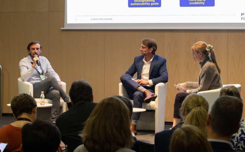 From left: Metro’s seafood quality and sustainable development manager József Bárdos, GLOBALG.A.P. business development manager aquaculture Remko Oosterveld, and discussion moderator Leonie Fischer.