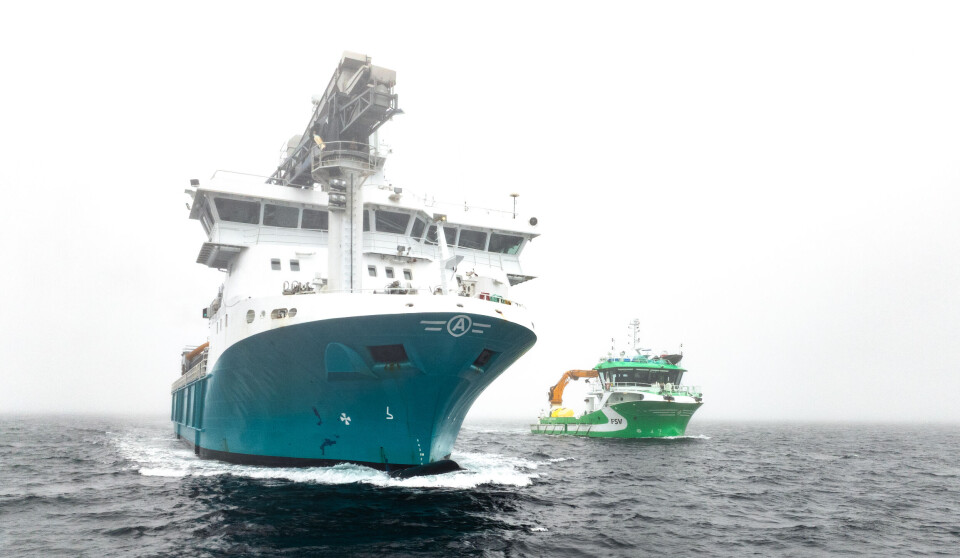 The feed carrier Aqua Fjell, left, and the service vessel Multi Explorer are part of the Trident fleet that numbers more than 60 craft.
