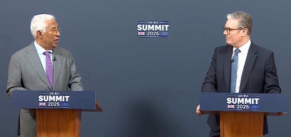 UK Prime Minister Keir Starmer, right, listens as EU President Antonio Costa introduces the trade deal today.