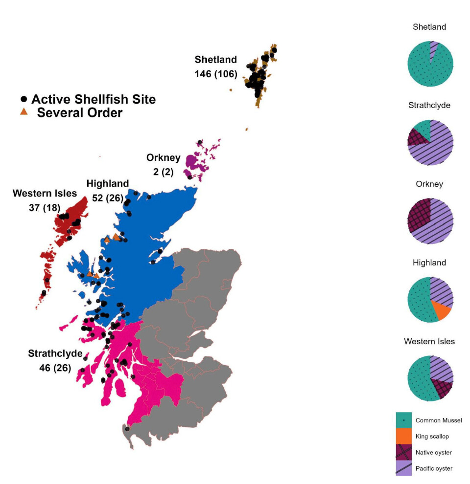 Regional distribution of active and producing shellfish sites in 2024.