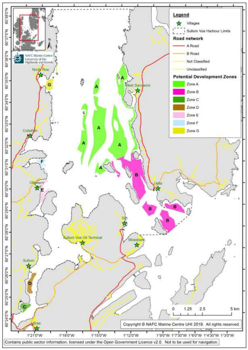Once fishing grounds and maritime shipping routes are taken into account, a relatively small proportion of Sullum Voe Harbour Area is available for potential development.