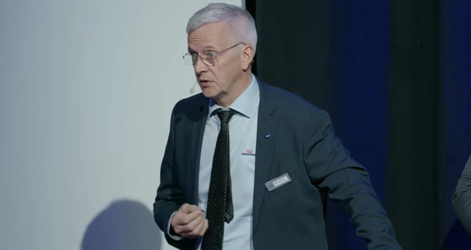 Bakkafrost chief executive Regin Jacobsen answers a question from banking and institutional investment experts at the salmon farmers' capital markets day.