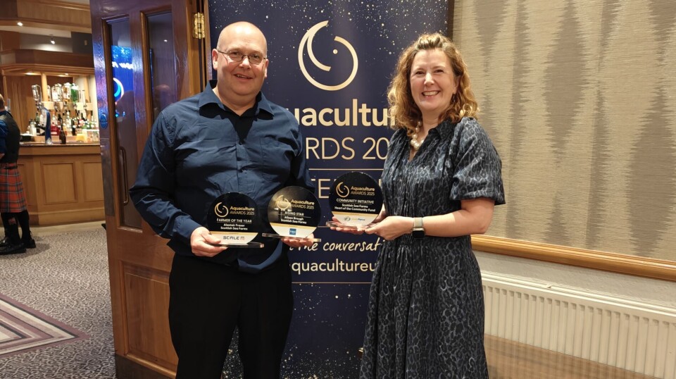 Three is the magic number: Scottish Sea Farms' Alasdair Fraser and Georgie MacKenzie with the three awards won by Fraser, Alison Brough, and the company's Heart in the Community programme.