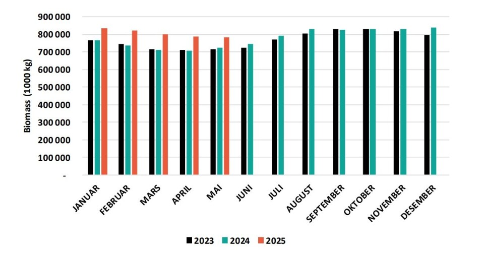 Standing biomass of Atlantic salmon in Norway's fish farms has been at a record high for each of the first five months of this year.