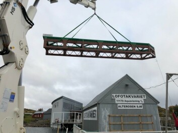 The model is lifted into position on the side of a pier. Click on image to enlarge. Photo: Nordlaks. The model is lifted into position on the side of a pier. Click on image to enlarge. Photo: Nordlaks.