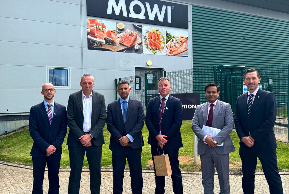 From left: Jamie McAldine, commercial development manager, Mowi Scotland; Scott Nolan, sales and operations director, Mowi Scotland; Vikram K. Doraiswami, High Commissioner of India to the UK; Ben Hadfield, chief operating officer farming Scotland and Ireland, Mowi Scotland; Vice Consul Amit Chaudhary; and James Park, head of insights, Salmon Scotland, outside Mowi's secondary procesing plant in Rosyth.