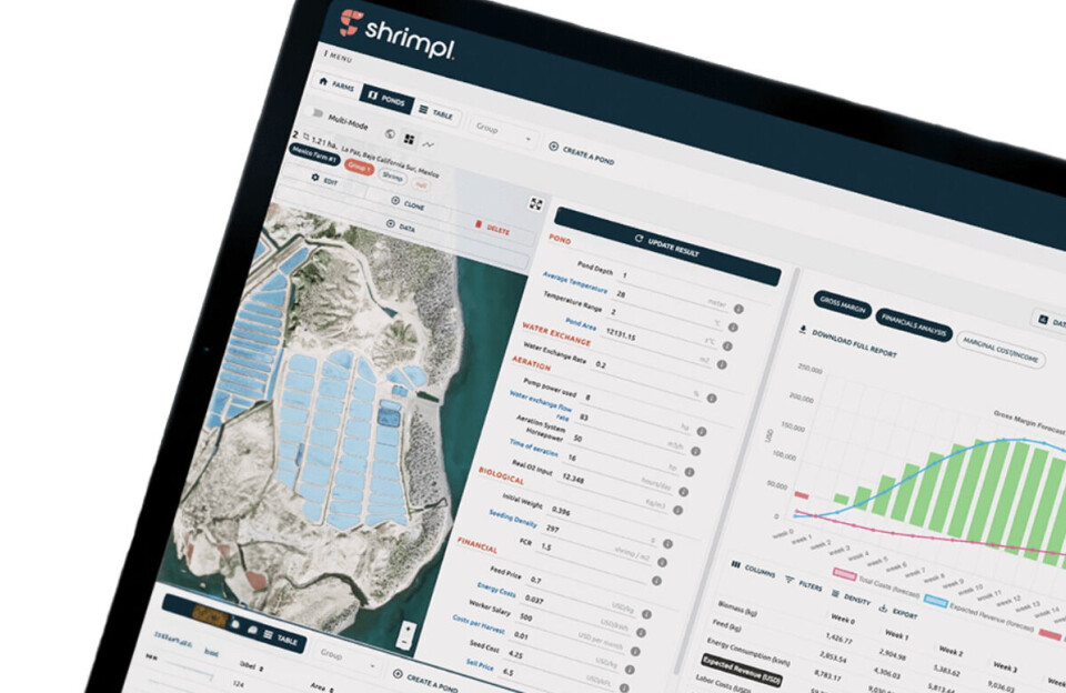 Shrimpl's platform (main picture) will now be combined with IoT-enabled hardware from Trevisan, which supplies Brazilian shrimp farmers with a range of equipment such as aerators, inset.