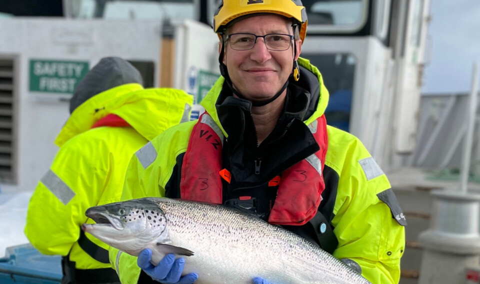 Herve Migaud with a fish sedated for a health check. 'All the investment in wellboats, vaccines, post-smolt and feeding operations, together with adapting our strategies, is paying off,' says the health, welfare, and biology director.