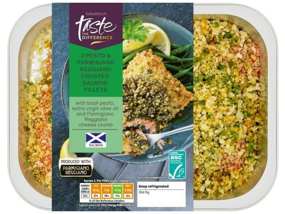 Sainsbury's pesto and Parmigiano Reggiano crusted salmon fillets. The product is supplied by Mowi, giving the fish farmer an interest in two of the 10 products shortlisted by the ASC for public vote.