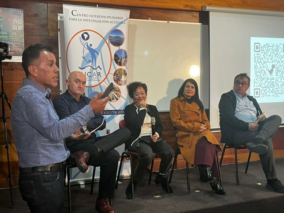 The technical workshop held in Puerto Montt on Monday to discuss a traffic light system for salmon farming. Seated, from left: Rodrigo Montes, Doris Soto, Jessica Fuentes, and Carlos Chávez.