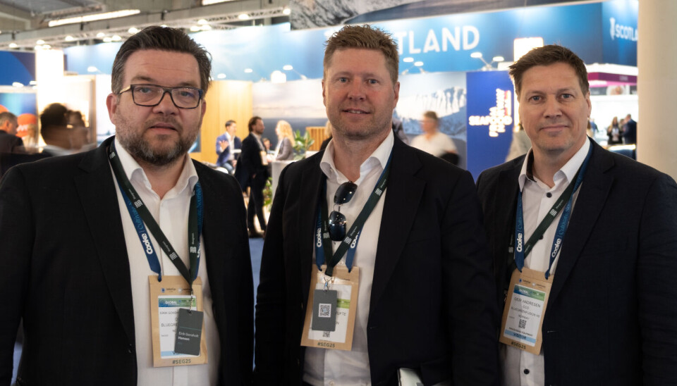 From left: Bluegreen chief finance officer Eirik Gonsholt Hansen, CEO Nils-Johan Tufte and chief commercial officer Geir Andresen at Seafood Expo Global in Barcelona earlier this year.